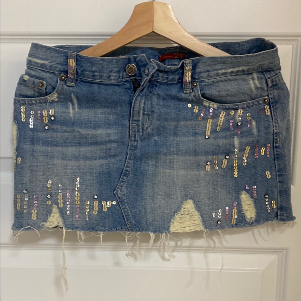 Denim Distressed Sequin Skirt